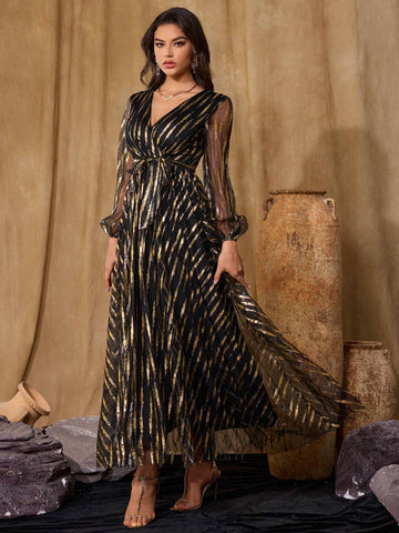 Women's V-Neck Long-Sleeved Mesh Gold-Stamped Printed Women's Ball Gown, Fashionable, Elegant, Gorgeous And Slim