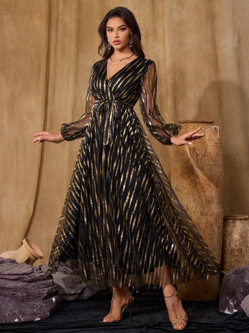 Women's V-Neck Long-Sleeved Mesh Gold-Stamped Printed Women's Ball Gown, Fashionable, Elegant, Gorgeous And Slim