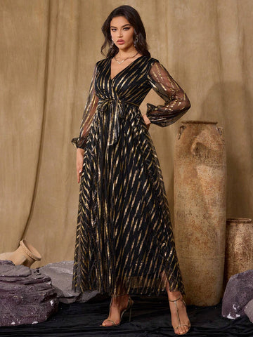 Women's V-Neck Long-Sleeved Mesh Gold-Stamped Printed Women's Ball Gown, Fashionable, Elegant, Gorgeous And Slim