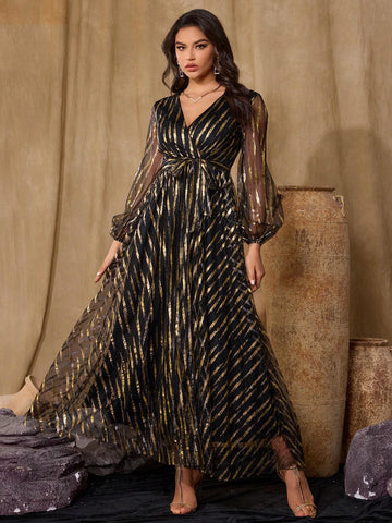 Women's V-Neck Long-Sleeved Mesh Gold-Stamped Printed Women's Ball Gown, Fashionable, Elegant, Gorgeous And Slim