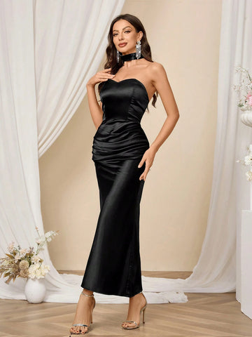 Women's Wedding Black Satin Long Elegant Bridesmaid Dresses (Adult)