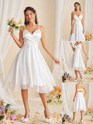 Satin Pleated A-Line Wedding Dress With High Waist And Mesh Netting, Midi Length, Spaghetti Straps