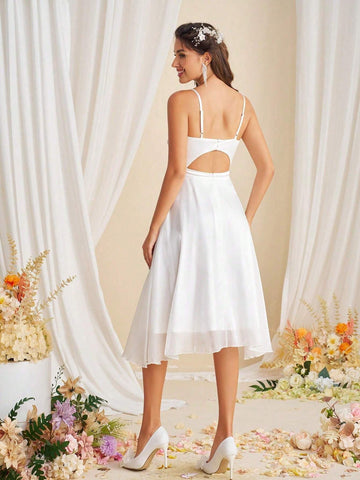 Satin Pleated A-Line Wedding Dress With High Waist And Mesh Netting, Midi Length, Spaghetti Straps