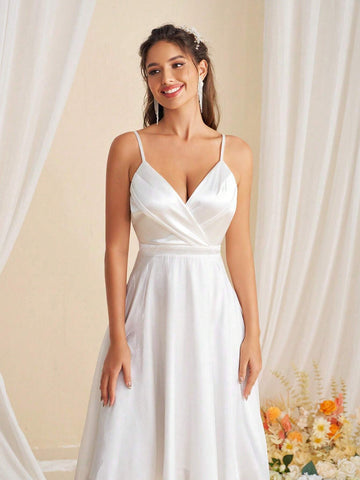 Satin Pleated A-Line Wedding Dress With High Waist And Mesh Netting, Midi Length, Spaghetti Straps
