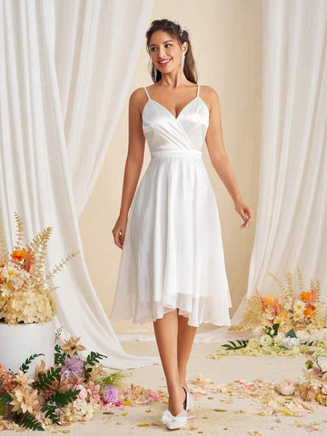 Satin Pleated A-Line Wedding Dress With High Waist And Mesh Netting, Midi Length, Spaghetti Straps