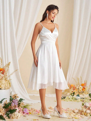 Satin Pleated A-Line Wedding Dress With High Waist And Mesh Netting, Midi Length, Spaghetti Straps