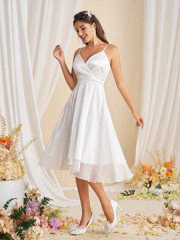 Satin Pleated A-Line Wedding Dress With High Waist And Mesh Netting, Midi Length, Spaghetti Straps