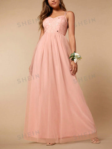 Sequin Bodice Mesh Overlay Cami Bridesmaid Dress