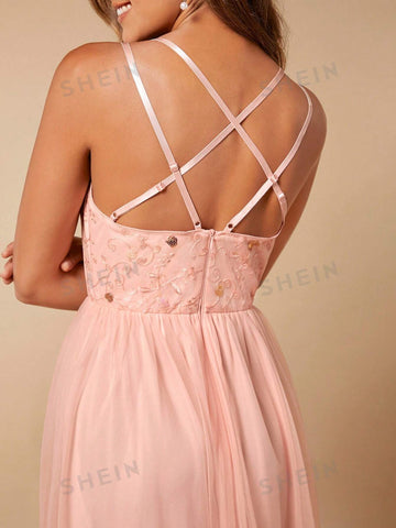 Sequin Bodice Mesh Overlay Cami Bridesmaid Dress