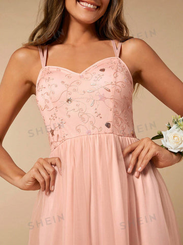 Sequin Bodice Mesh Overlay Cami Bridesmaid Dress
