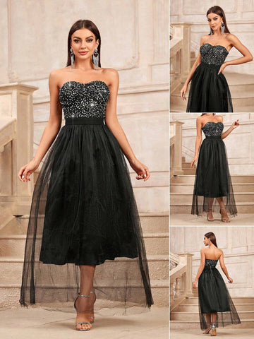 Sequin Off Shoulder Sweetheart Neckline High-Waisted Mesh A-Line Party Dress