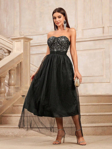 Sequin Off Shoulder Sweetheart Neckline High-Waisted Mesh A-Line Party Dress