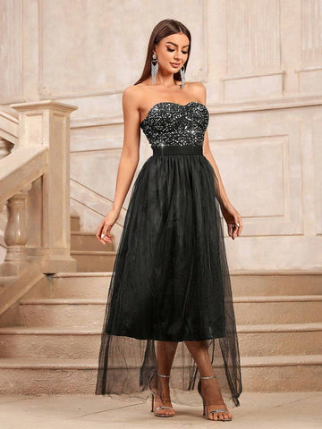 Sequin Off Shoulder Sweetheart Neckline High-Waisted Mesh A-Line Party Dress