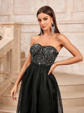 Sequin Off Shoulder Sweetheart Neckline High-Waisted Mesh A-Line Party Dress