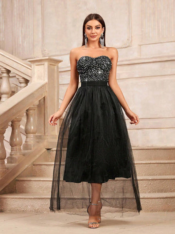 Sequin Off Shoulder Sweetheart Neckline High-Waisted Mesh A-Line Party Dress