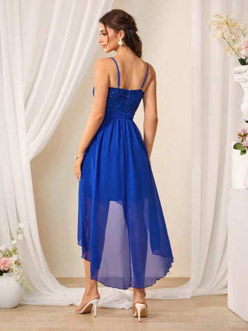 Sequin Patchwork High-Low Hem Spaghetti Strap Bridesmaid Dress