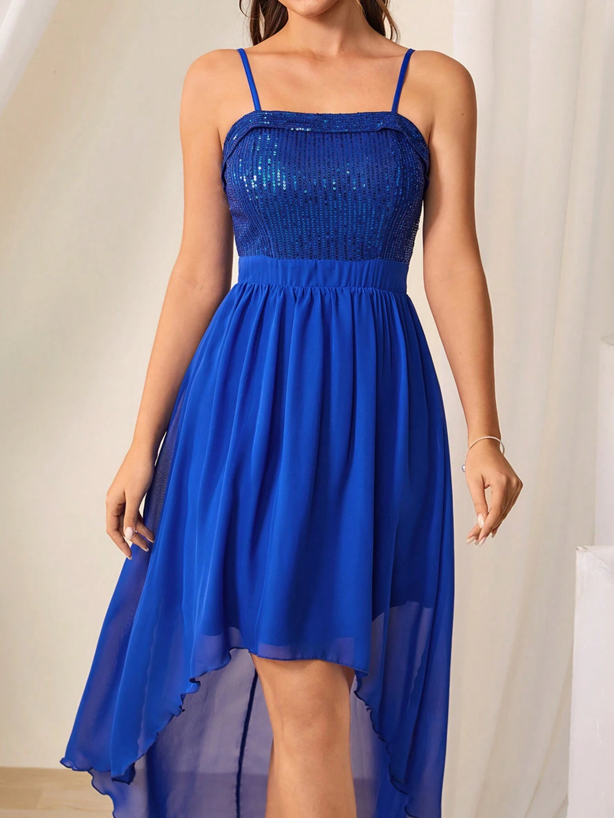Sequin Patchwork High-Low Hem Spaghetti Strap Bridesmaid Dress