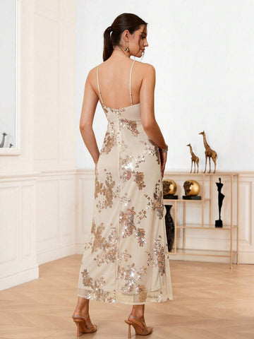 Sequin Patchwork Split Cami Evening Party Prom Dress