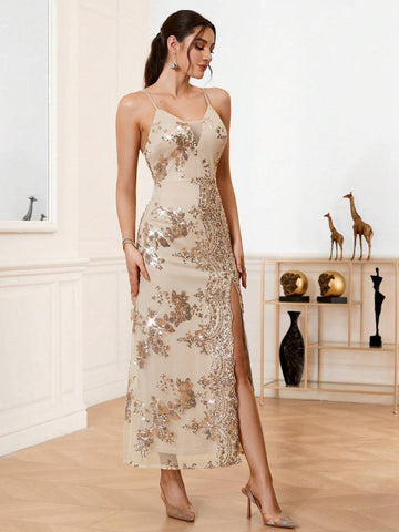 Sequin Patchwork Split Cami Evening Party Prom Dress