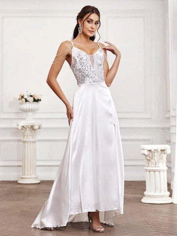 Sequin Patchwork Split Front Cold Shoulder Wedding Dress With V-Neckline