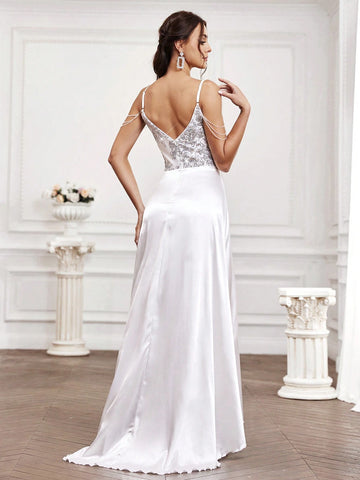 Sequin Patchwork Split Front Cold Shoulder Wedding Dress With V-Neckline