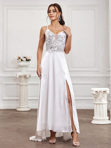 Sequin Patchwork Split Front Cold Shoulder Wedding Dress With V-Neckline