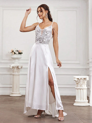 Sequin Patchwork Split Front Cold Shoulder Wedding Dress With V-Neckline