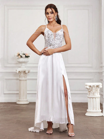 Sequin Patchwork Split Front Cold Shoulder Wedding Dress With V-Neckline