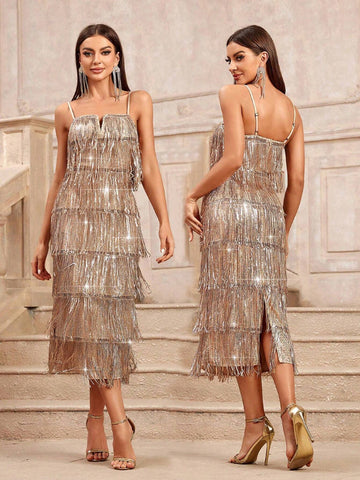 Sequin Spaghetti Strap Fringed V-Neck Middle Long Elegant Ball Gown Dress