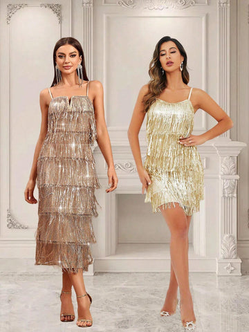 Sequin Spaghetti Strap Fringed V-Neck Middle Long Elegant Ball Gown Dress