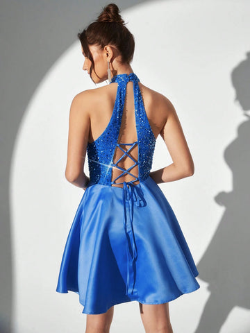 Sequined Backless Halter Neck Party Formal Dress With Tie Back Design