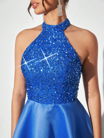 Sequined Backless Halter Neck Party Formal Dress With Tie Back Design