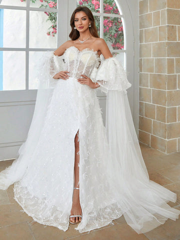 Sequined Decoration High Slit Hem Wedding Maxi Dress