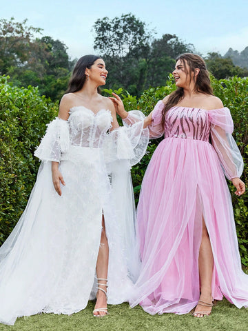 Sequined Decoration High Slit Hem Wedding Maxi Dress