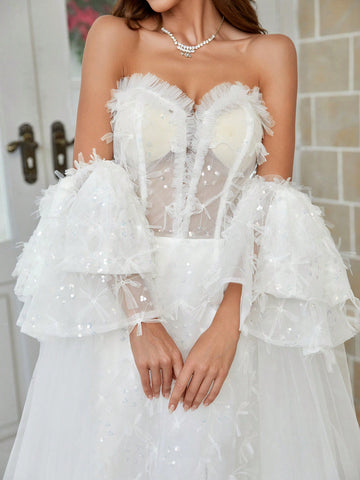 Sequined Decoration High Slit Hem Wedding Maxi Dress