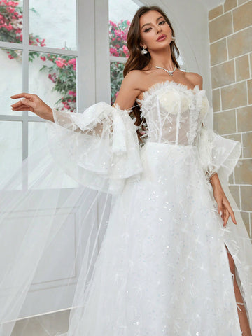 Sequined Decoration High Slit Hem Wedding Maxi Dress