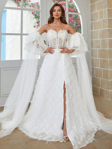 Sequined Decoration High Slit Hem Wedding Maxi Dress