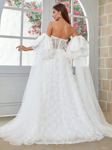 Sequined Decoration High Slit Hem Wedding Maxi Dress