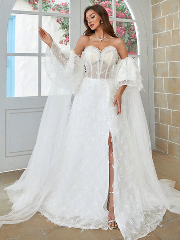 Sequined Decoration High Slit Hem Wedding Maxi Dress