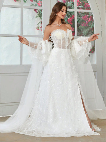 Sequined Decoration High Slit Hem Wedding Maxi Dress