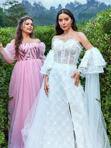 Sequined Decoration High Slit Hem Wedding Maxi Dress