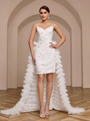 Sequined Lace Applique Tulle Wedding Dress With Long Train