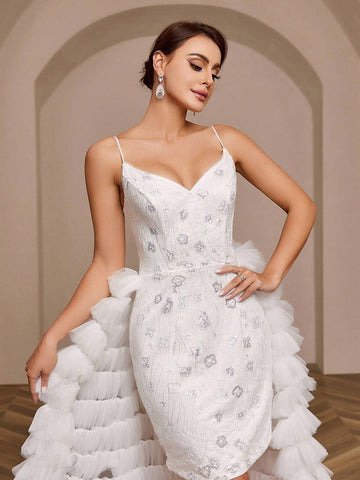 Sequined Lace Applique Tulle Wedding Dress With Long Train