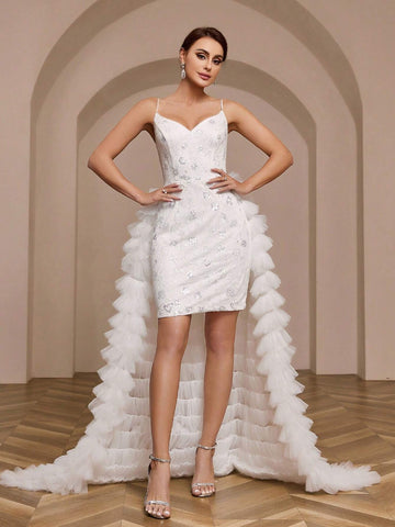 Sequined Lace Applique Tulle Wedding Dress With Long Train