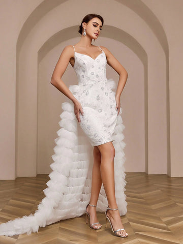 Sequined Lace Applique Tulle Wedding Dress With Long Train