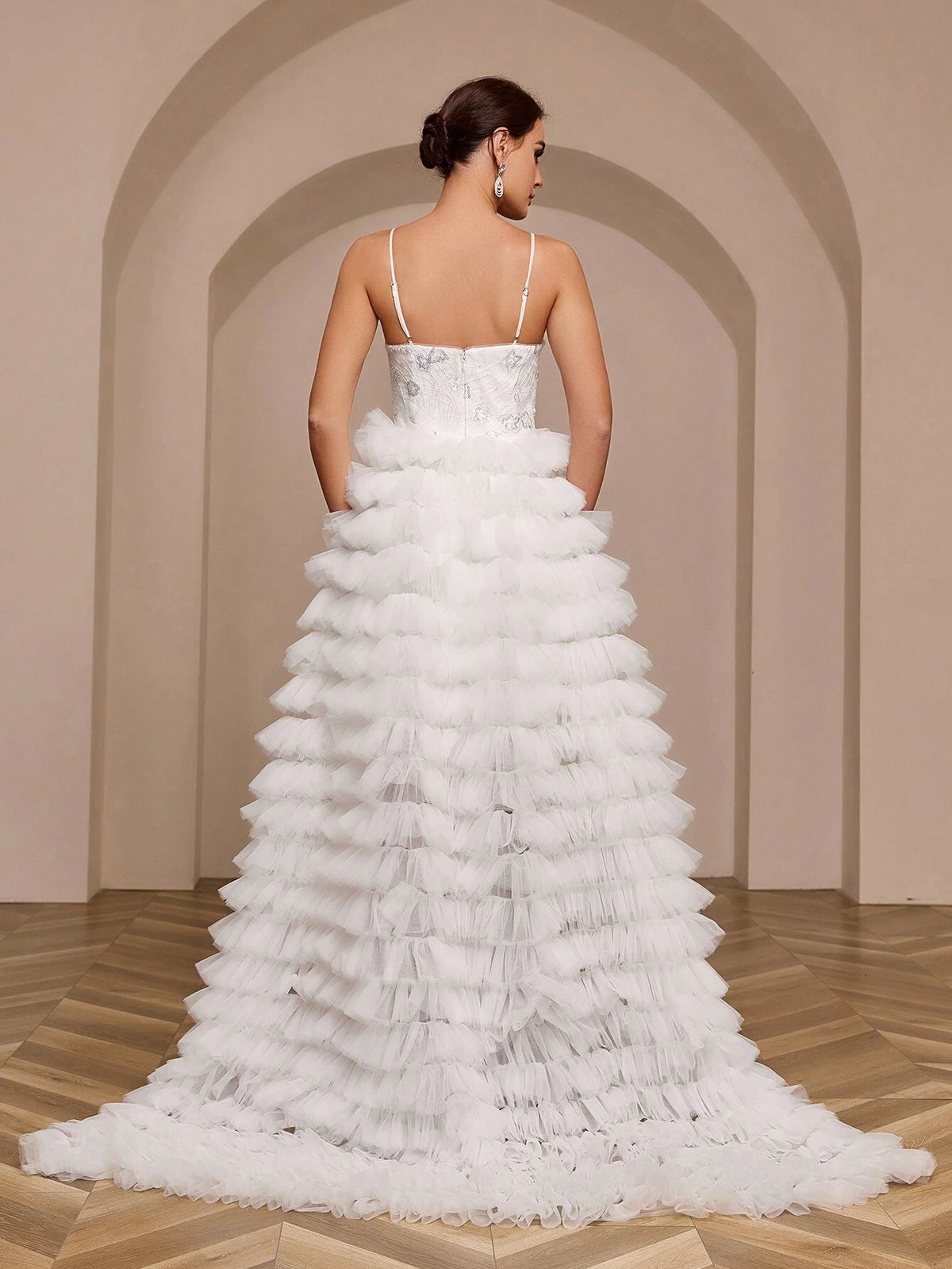 Sequined Lace Applique Tulle Wedding Dress With Long Train