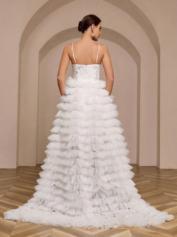 Sequined Lace Applique Tulle Wedding Dress With Long Train