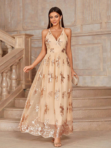 Sequined Mesh Patchwork Cami Bridesmaid Dress