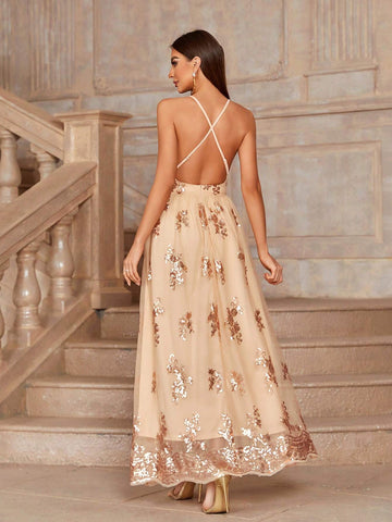 Sequined Mesh Patchwork Cami Bridesmaid Dress