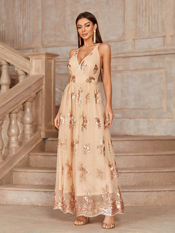 Sequined Mesh Patchwork Cami Bridesmaid Dress